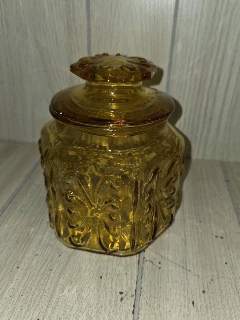 Vintage 1970s Imperial Amber Glass Canister Atterbury Scroll Apothecary 6"